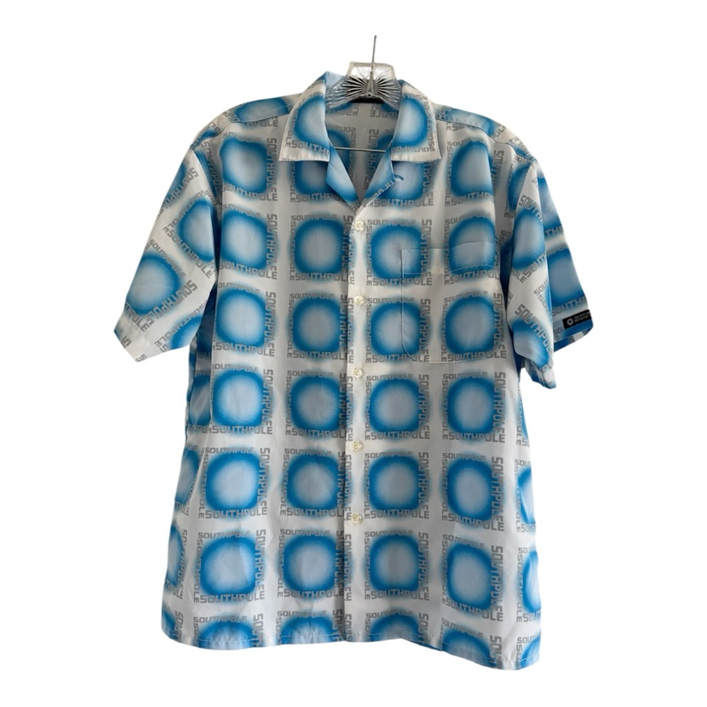 SOUTH POLE Vintage Men’s Blue White Geometric Button Up Short Sleeve Shirt-LARGE